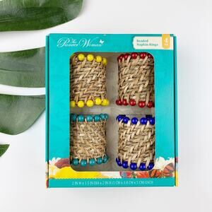 New Pioneer Woman Woven Beaded Napkin Rings Boho Colorful Set 4
